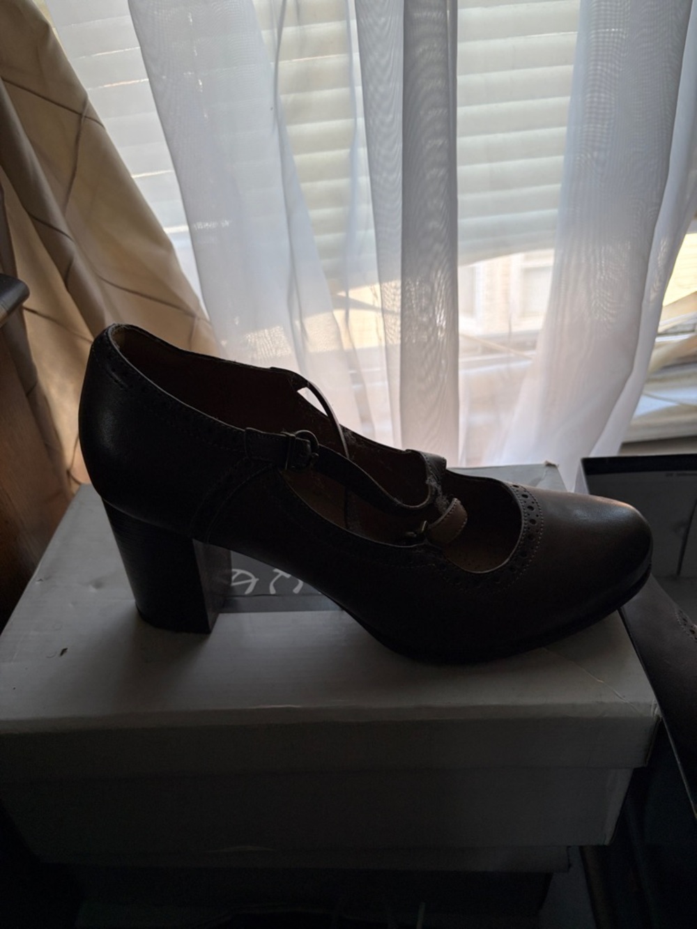 Clarks Black Mary Jane Block Heel with T-Strap
